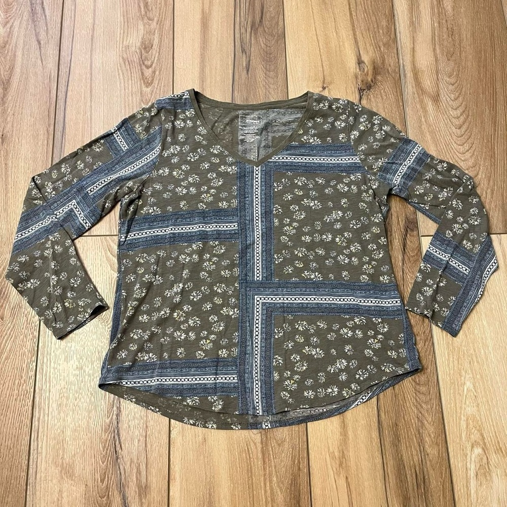 Sonoma Green and Blue Floral Long Sleeve Top